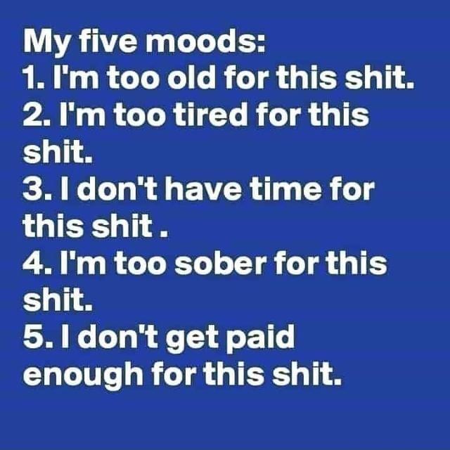 My five moods 1 Im too old for this shit 2 Im too tired for this shit 31 dont have time for this shit 41Im too sober for this shit 51dont get paid enough for this shit