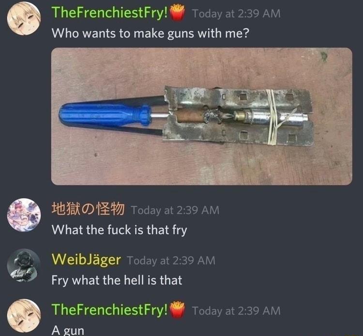 TheFrenchiestFry Today at 239 AM Who wants to make guns with me i Today at 239 AM What the fuck is that fry WeibJager Today at 239 AM HAVLEIR GIEN I RER T TheFrenchiestFry Today at 239 A A gun