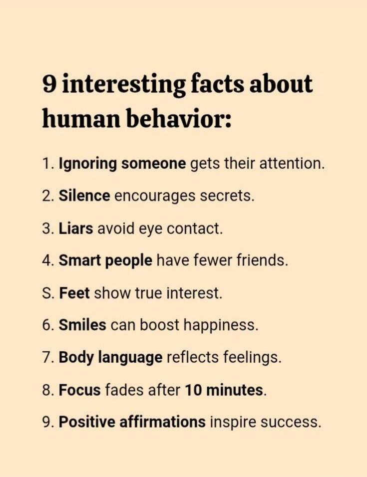 9 interesting facts about human behavior: 1. Ignoring someone gets their attention. 2. Silence encourages secrets. 3. Liars avoid eye contact. 4. Smart people have fewer friends. 5. Feet show true interest. 6. Smiles can boost happiness. 7. Body language reflects feelings. 8. Focus fades after 10 minutes. 9. Positive affirmations inspire success.