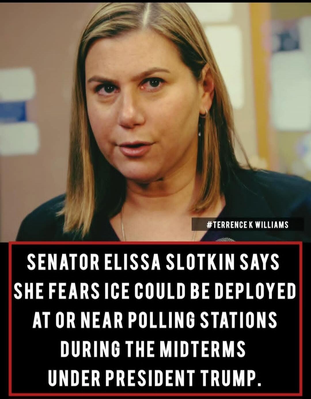 SENATOR ELISSA SLOTKIN SAYS SHE FEARS ICE COULD BE DEPLOYED AT OR NEAR POLLING STATIONS DURING THE MIDTERMS UNDER PRESIDENT TRUMP. #TERRENCE WILLIAMS