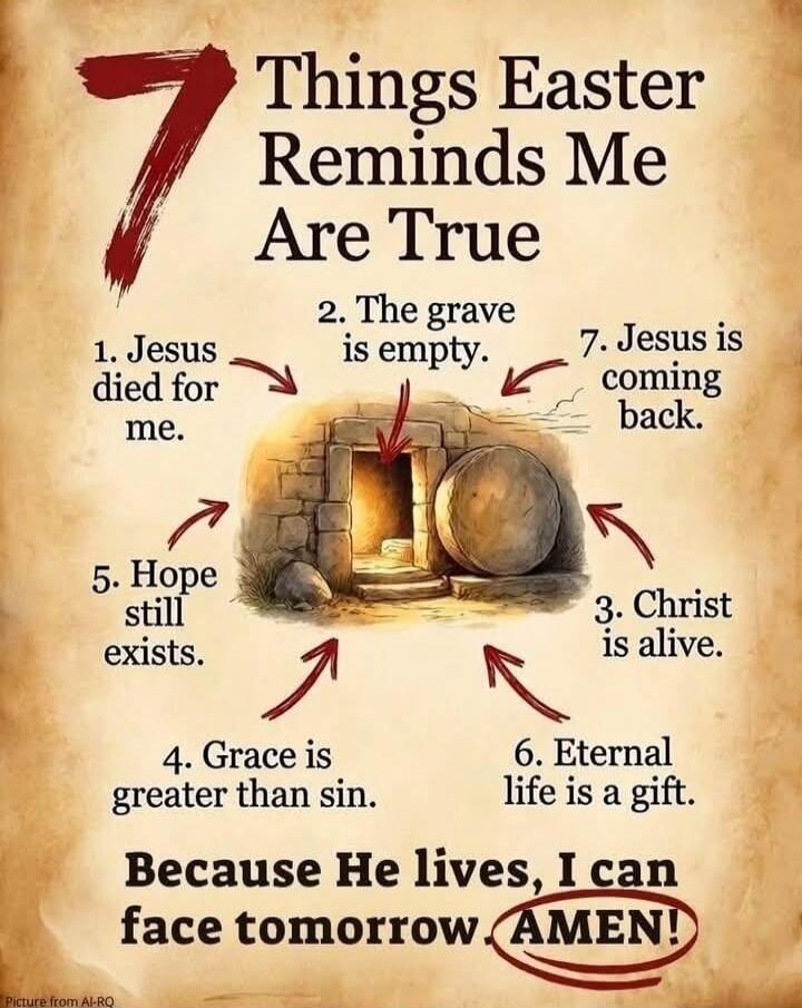 7 Things Easter Reminds Me Are True. 1. Jesus died for me. 2. The grave is empty. 3. Christ is alive. 4. Grace is greater than sin. 5. Hope still exists. 6. Eternal life is a gift. 7. Jesus is coming back. Because He lives, I can face tomorrow. AMEN! Picture from AI-RQ