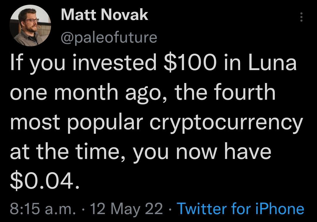 Y EYa 2 oE1To 1 AF TRV IV RIS t IR O 1O RTa W RVTo P one month ago the fourth most popular cryptocurrency at the time you now have 004 815 am 12 May 22 Twitter for iPhone