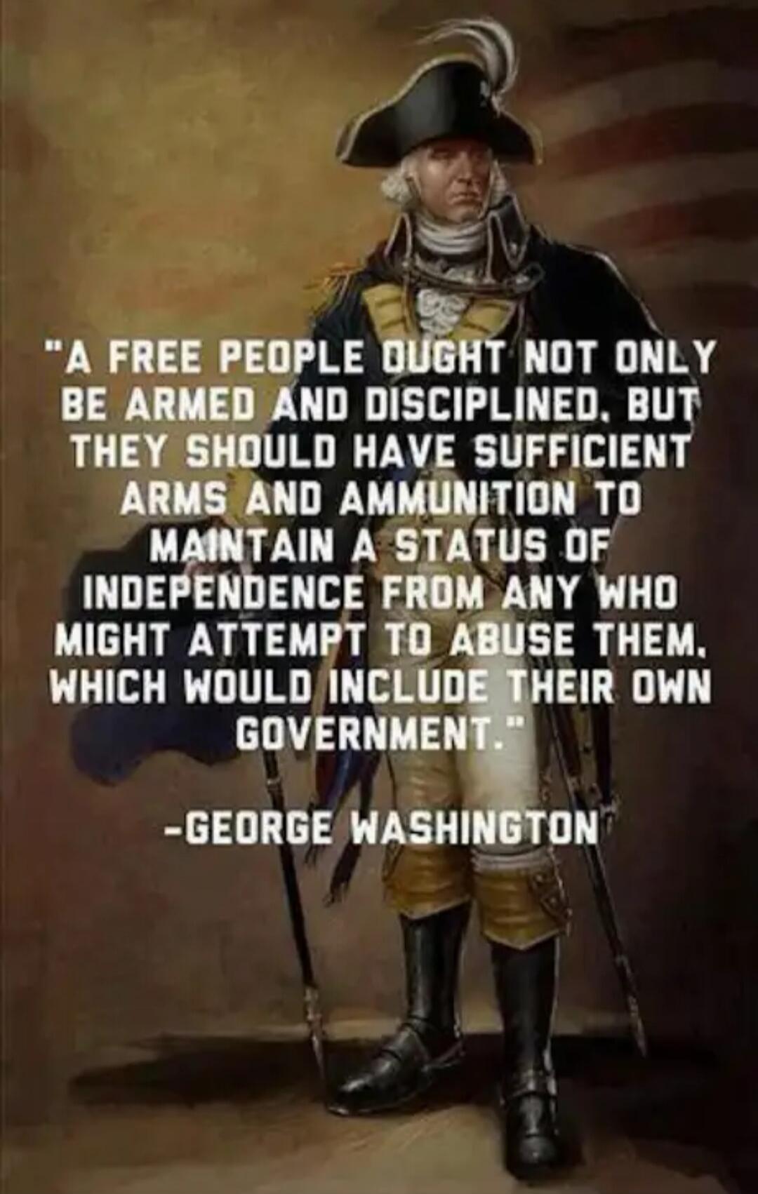 A FREE PEOPLE OUGHT NOT ONLY BE ARMED AND DISCIPLINED, BUT THEY SHOULD HAVE SUFFICIENT ARMS AND AMMUNITION TO MAINTAIN A STATUS OF INDEPENDENCE FROM ANY WHO MIGHT ATTEMPT TO ABUSE THEM, WHICH WOULD INCLUDE THEIR OWN GOVERNMENT. -GEORGE WASHINGTON