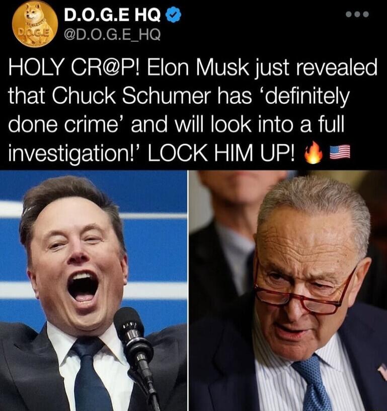 PXeXcHTe IoXoXchN e HOLY CRP Elon Musk just revealed that Chuck Schumer has definitely done crime and will look into a full investigation LOCK HIM UP