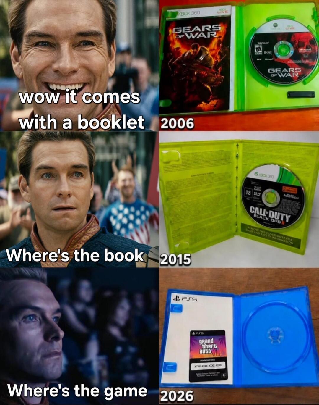 wow it comes with a booklet Where's the book Where's the game 2006 2015 2026 Gears of War Call of Duty Black Ops III Grand Theft Auto VI
