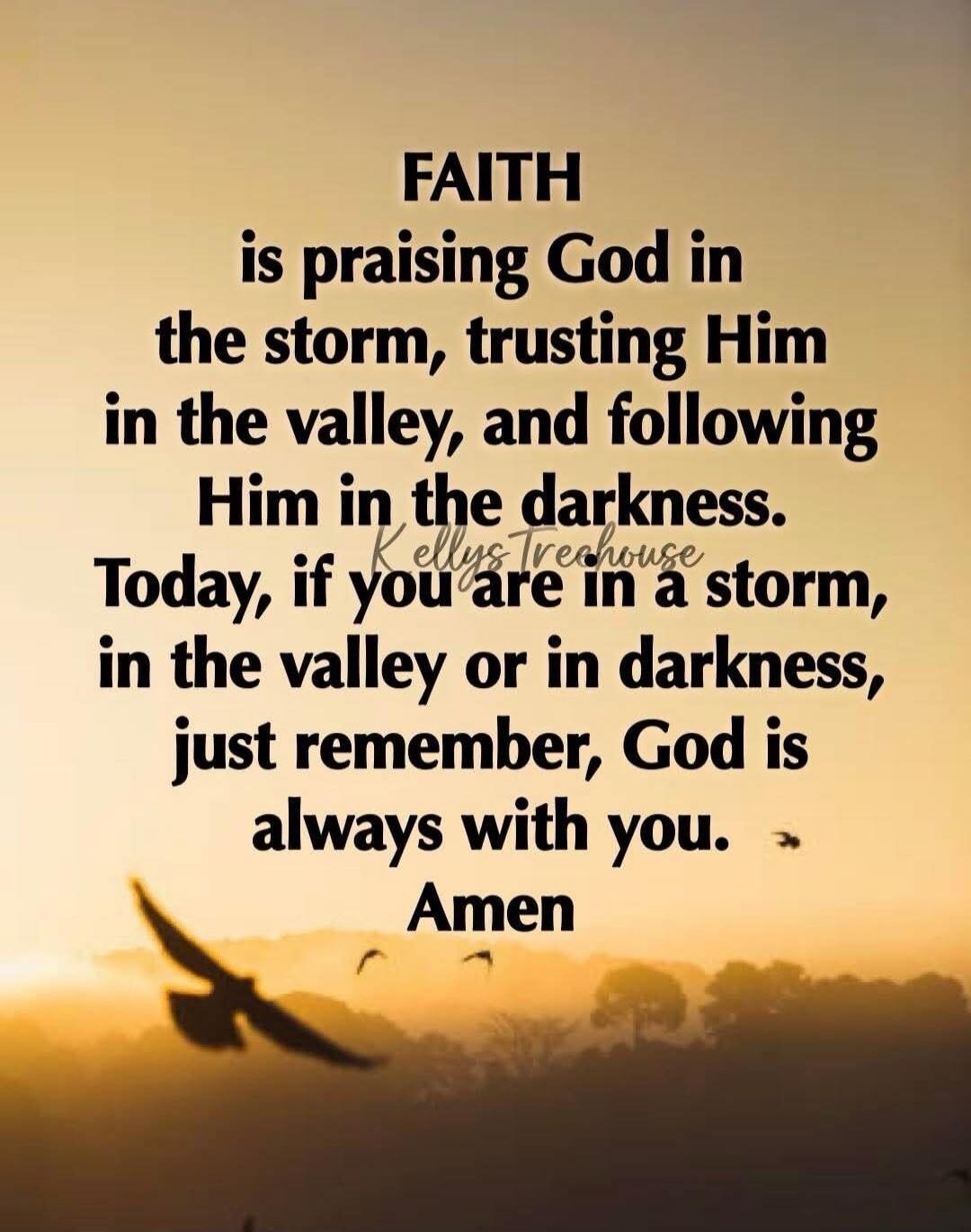 FAITH is praising God in the storm, trusting Him in the valley, and following Him in the darkness. Today, if you are in a storm, in the valley or in darkness, just remember, God is always with you. Amen
