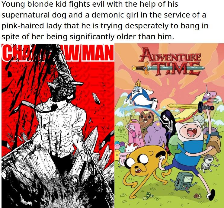 Young blonde kid fights evil with the help of his supernatural dog and a demonic girl in the service of a pink haired lady that he is trying desperately to bang in spite of her being significantly older than him o AAyrnum
