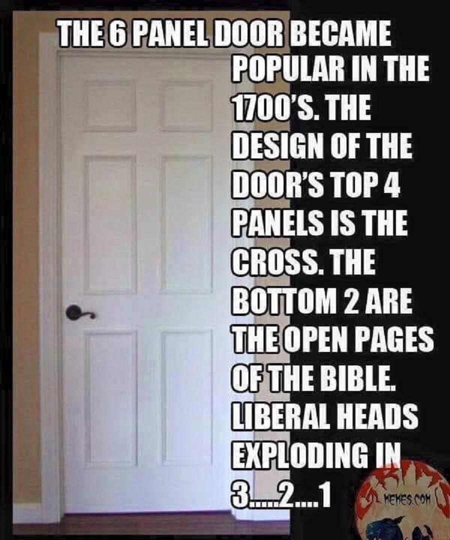THEGPANELIDOORBECAME LA LR DESIGN OF THE DOORS TOP 4 RANELS IS THE CROSS THE BOTTOM 2 ARE THEOPEN PAGES OFTHE BIBLE LIRERAL HEADS EXPLODING IN _