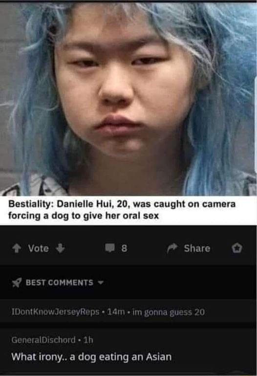 Bestiality Danielle Hui 20 was caught on camera forcing a dog to give her oral sex SLE BEST COMMENTS What irony a dog eating an Asian