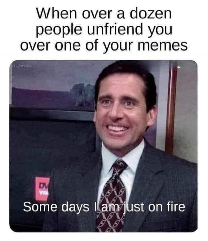 When over a dozen people unfriend you over one of your memes Some days I am just on fire