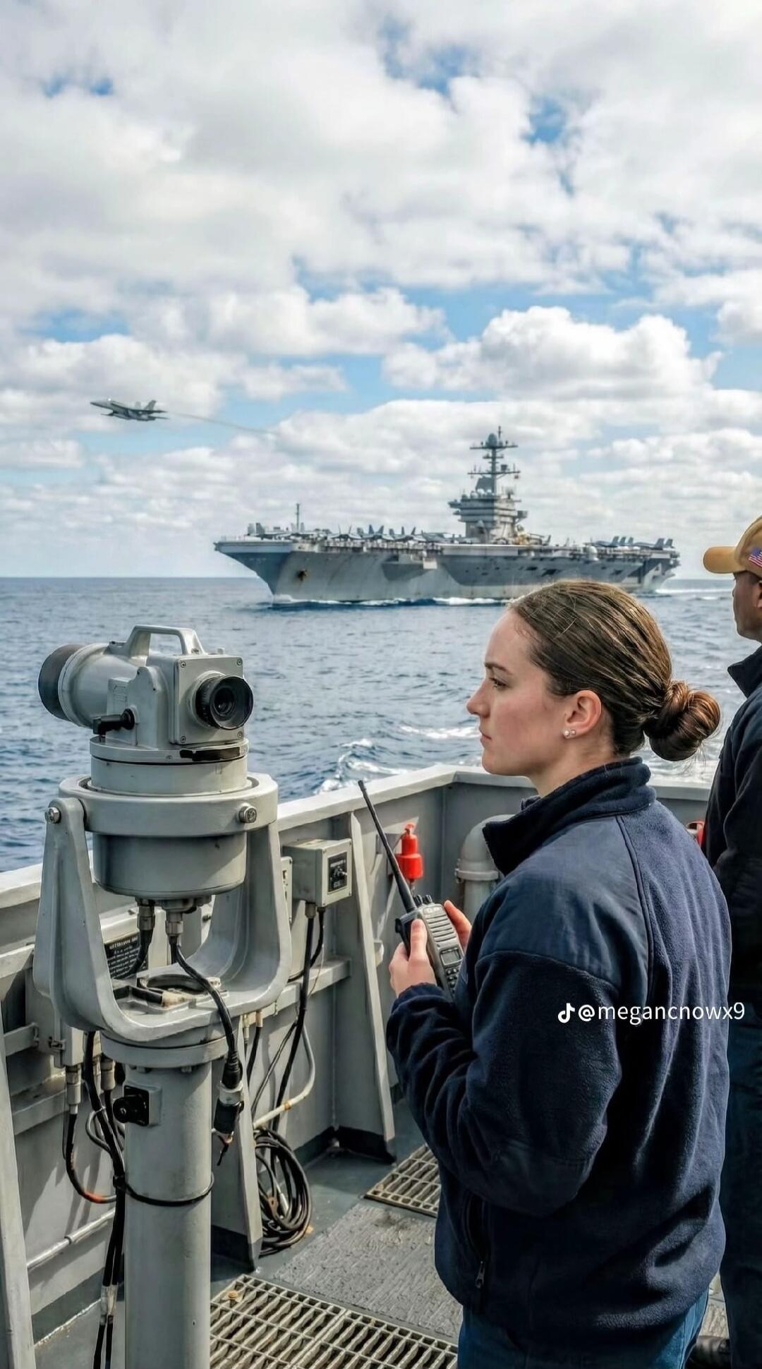 A woman in a navy uniform stands on a ship's deck, holding a radio. In the background, a large aircraft carrier sails on the ocean, with a military jet flying in the sky. The user handle @meganchowx9 is visible on the image.