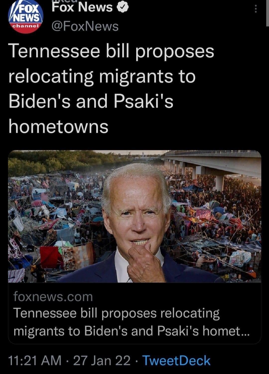 Fox News FoxNews Tennessee bill proposes relocating migrants to feSTaR I Talo M 2F1 RS hometowns 1l E SN O foxnewscom Tennessee bill proposes relocating P TR SR ol 1le TaRIP ToTo MRS 1CM T a ol g 1 990 1121 AM 27 Jan 22 TweetDeck