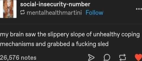 social insecurity number mentalhealthmartini Follow my brain saw the slippery slope of unhealthy coping mechanisms and grabbed a fucking sled 26576 notes T T