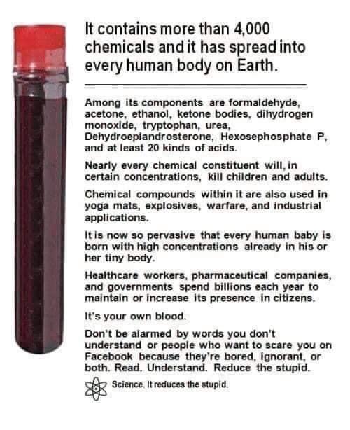 It contains more than 4000 chemicals andit has spreadinto every human body on Earth Among its components are formaldehyde acetone ethanol ketone bodies dihydrogen monoxide tryptophan urea Dehydroepiandrosterone Hexosephosphate P and at least 20 kinds of acids Nearly every chemical constituent willin certain concentrations Kill children and adults Chemical compounds within it are also used in yoga 