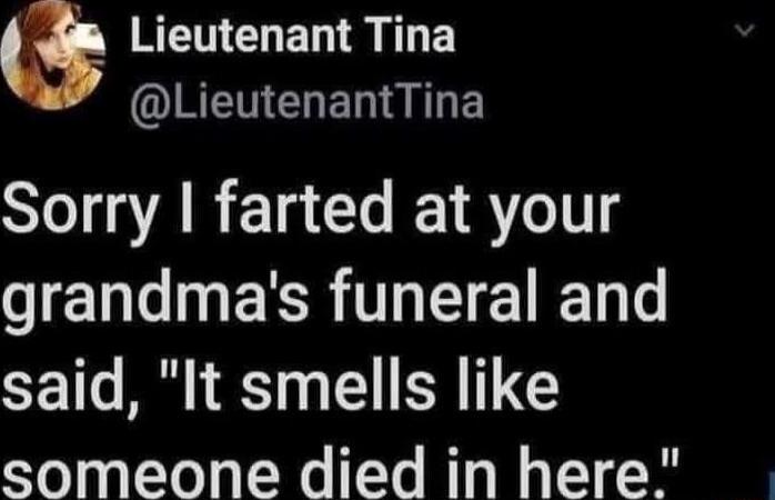 Lieutenant Tina R CLERANE Sorry farted at your ENLINERRTHETEIED TG said It smells like someone died in here