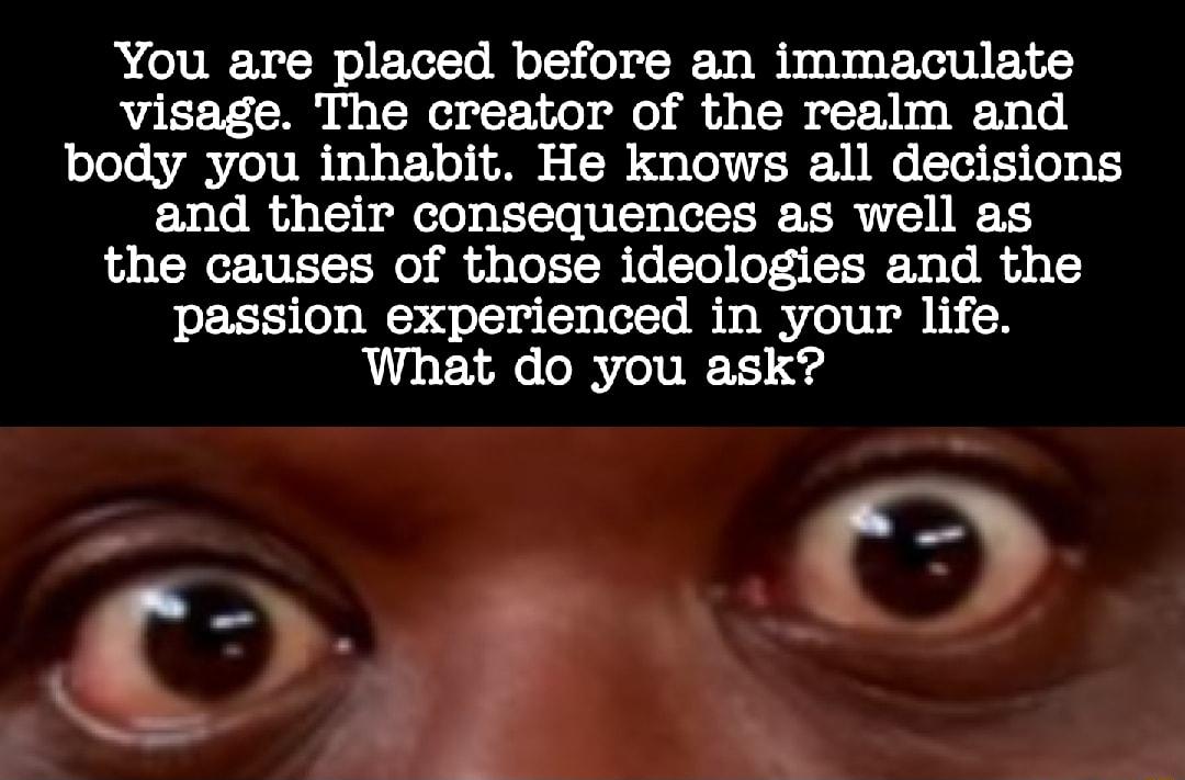 You are placed before an immaculate visage The creator of the realm and ol le VARV oY oFNe I 3 0 4 o To VAN T WO T 3 o o and their consequences as well as the causes of those ideologies and the passion experienced in your life What do you ask