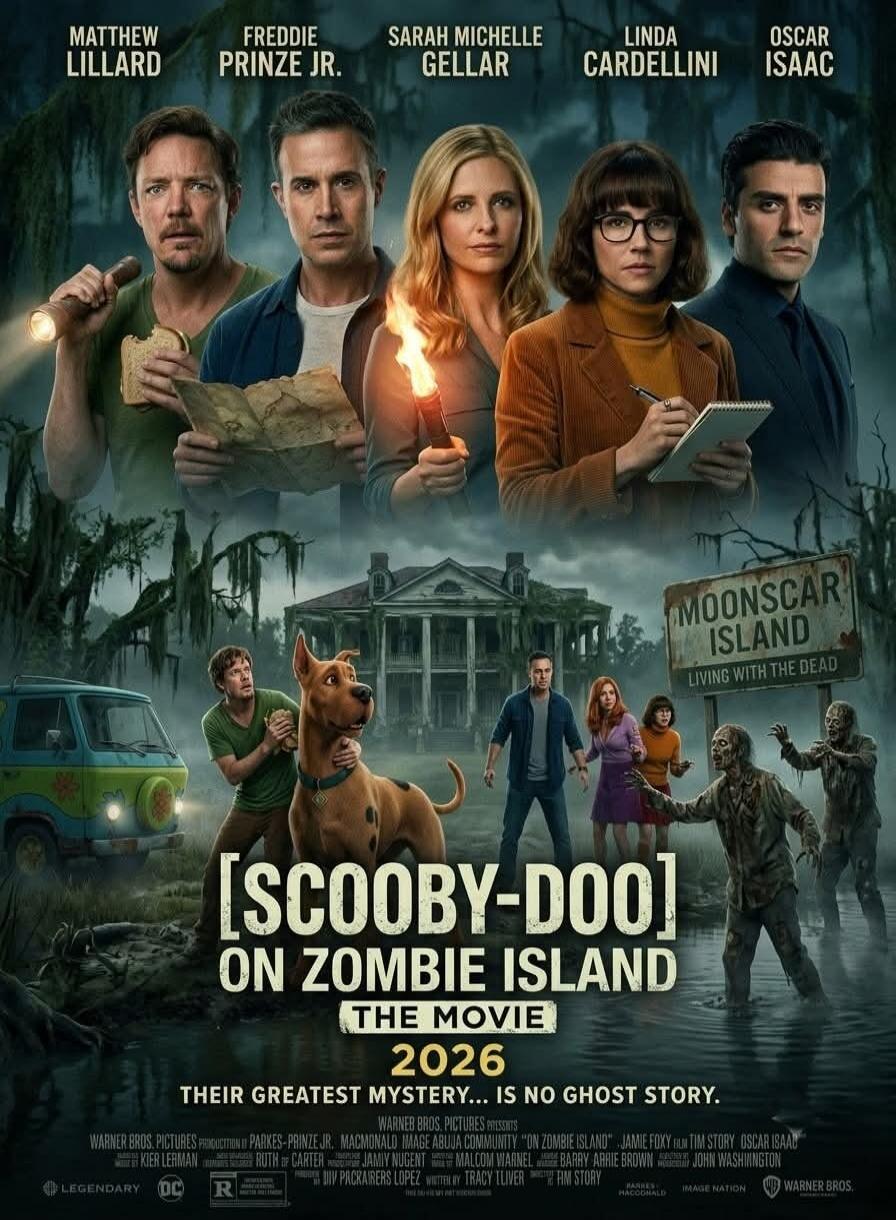 MATTHEW LILLARD FREDDIE PRINZE JR. SARAH MICHELLE GELLAR LINDA CARDELLINI OSCAR ISAAC MOONSCAR ISLAND LIVING WITH THE DEAD [SCOOBY-DOO] ON ZOMBIE ISLAND THE MOVIE 2026 THEIR GREATEST MYSTERY... IS NO GHOST STORY. WARNER BROS. PICTURES PRESENTS A PRODUCTION BY PARKES-PRINZE JR. MACDONALD IMAGE ABUJA COMMUNITY 
