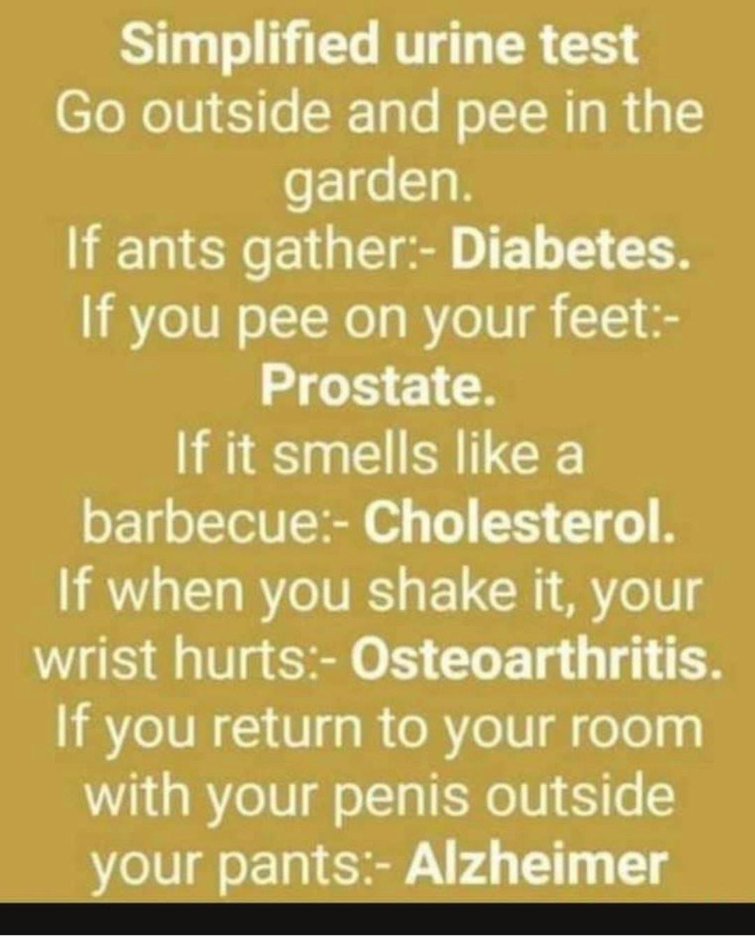 Simplified urine test Go outside and pee in the garden If ants gather Diabetes If you pee on your feet Prostate If it smells like a barbecue Cholesterol If when you shake it your wrist hurts Osteoarthritis If you return to your room with your penis outside your pants Alzheimer o