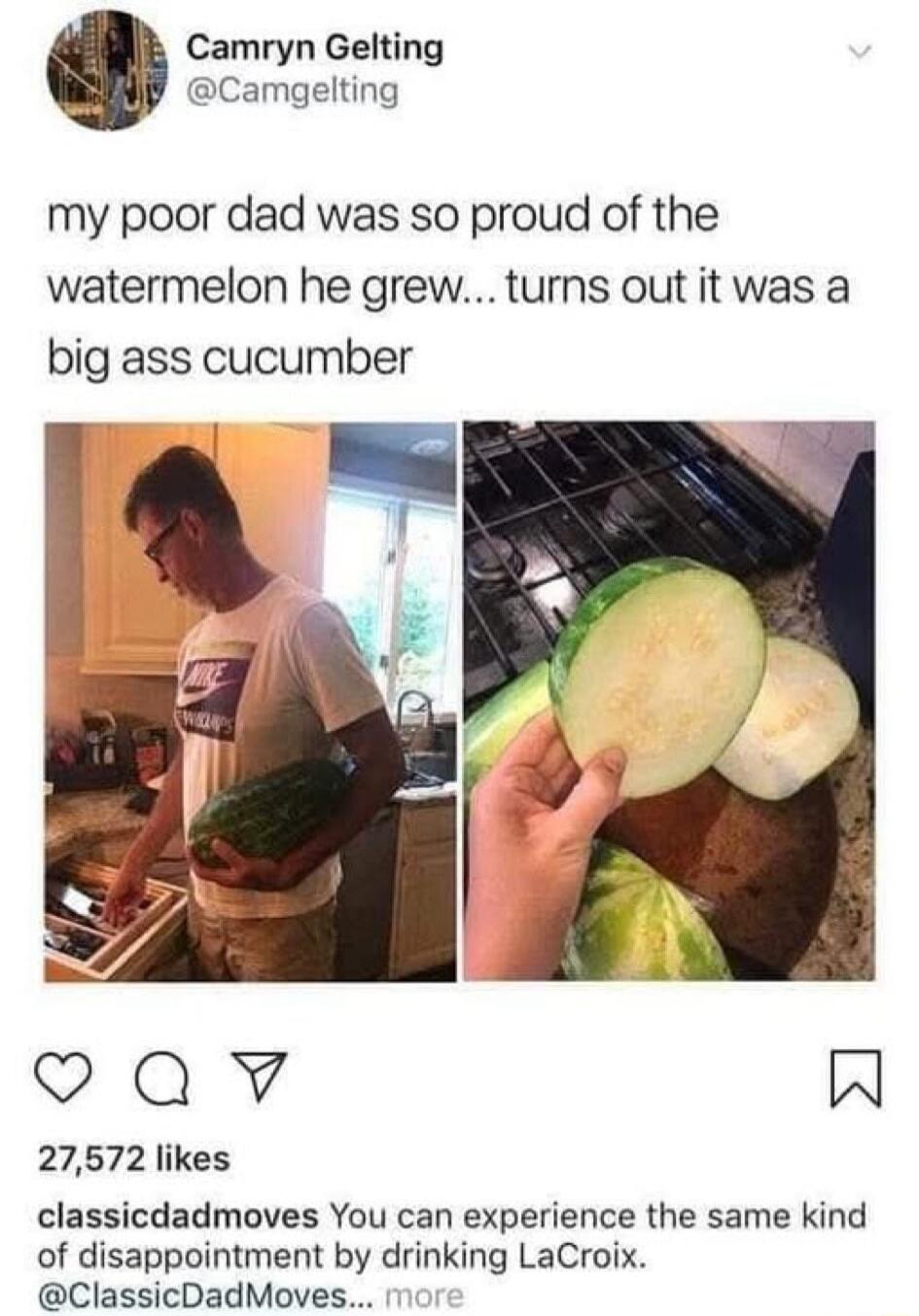 Camryn Gelting Camgelting my poor dad was so proud of the watermelon he grew turns out it was a big ass cucumber Qv W 27572 likes classicdadmoves You can experience the same kind of disappointment by drinking LaCroix ClassicDadMoves