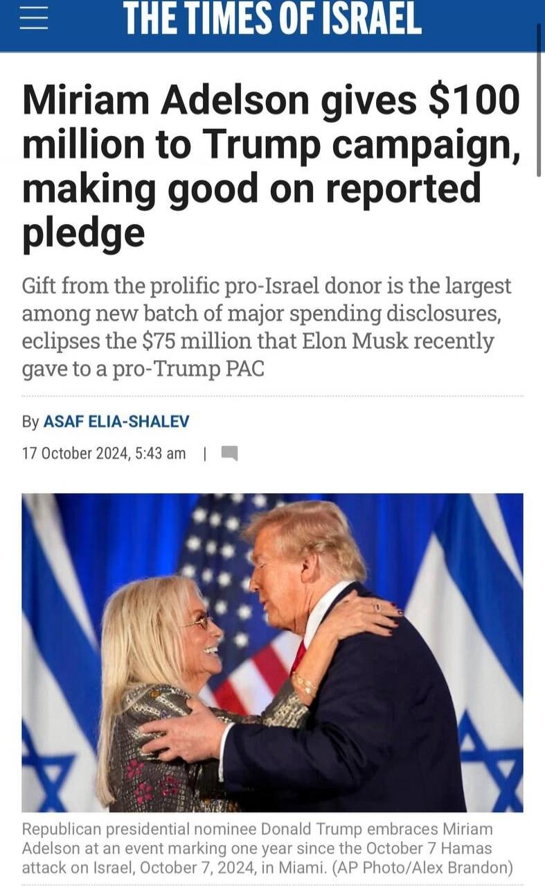Miriam Adelson gives $100 million to Trump campaign, making good on reported pledge
Gift from the prolific pro-Israel donor is the largest among new batch of major spending disclosures, eclipses the $75 million that Elon Musk recently gave to a pro-Trump PAC
By ASAF ELIA-SHALEV
17 October 2024, 5:43 am

Republican presidential nominee Donald Trump 