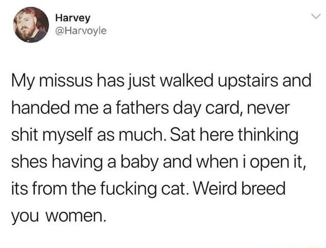 Harvey Harvoyle My missus has just walked upstairs and handed me a fathers day card never shit myself as much Sat here thinking shes having a baby and when i openiit its from the fucking cat Weird breed you women