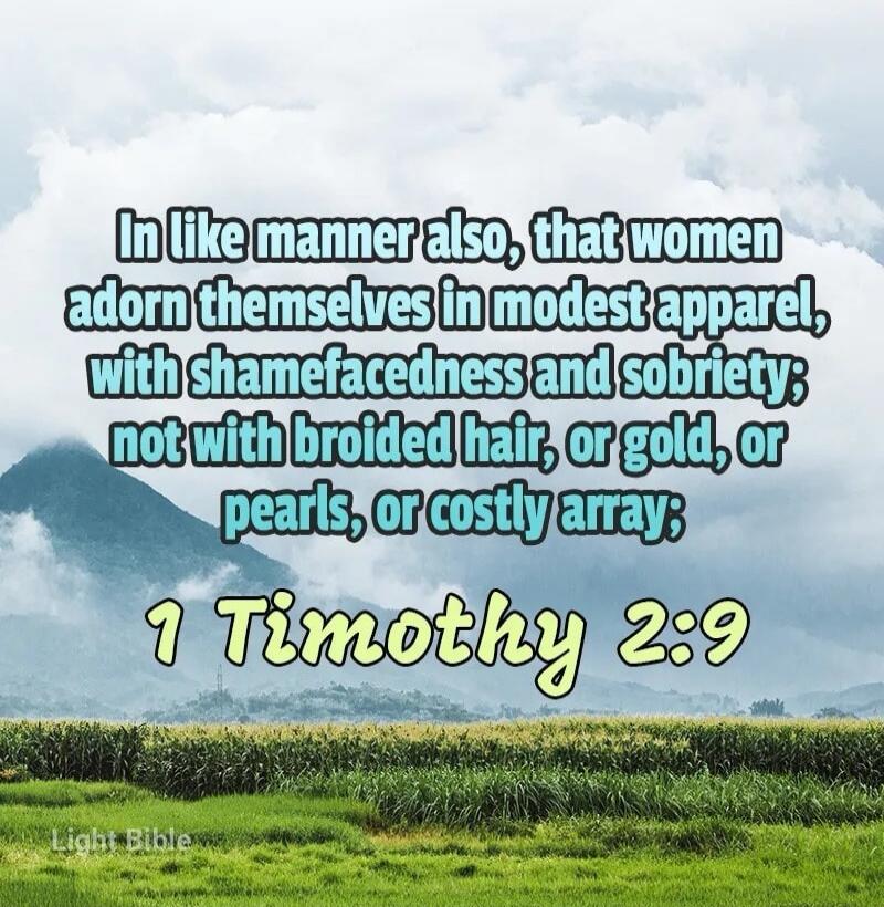 In like manner also, that women adorn themselves in modest apparel, with shamefacedness and sobriety; not with broidered hair, or gold, or pearls, or costly array; 1 Timothy 2:9
