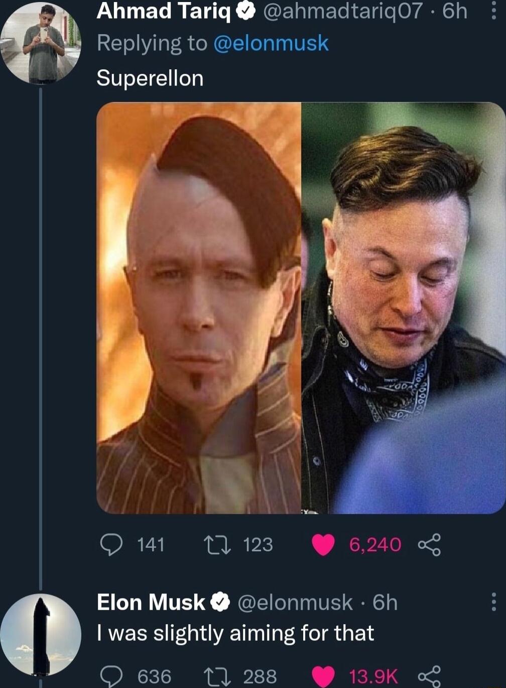 0 LULELRET L RGERINEIEIC O REVOESCRECINTENS SIEE f _j h x f j Q1 M 123 6240 Elon Musk elonmusk 6h was slightly aiming for that O 636 11288 139K