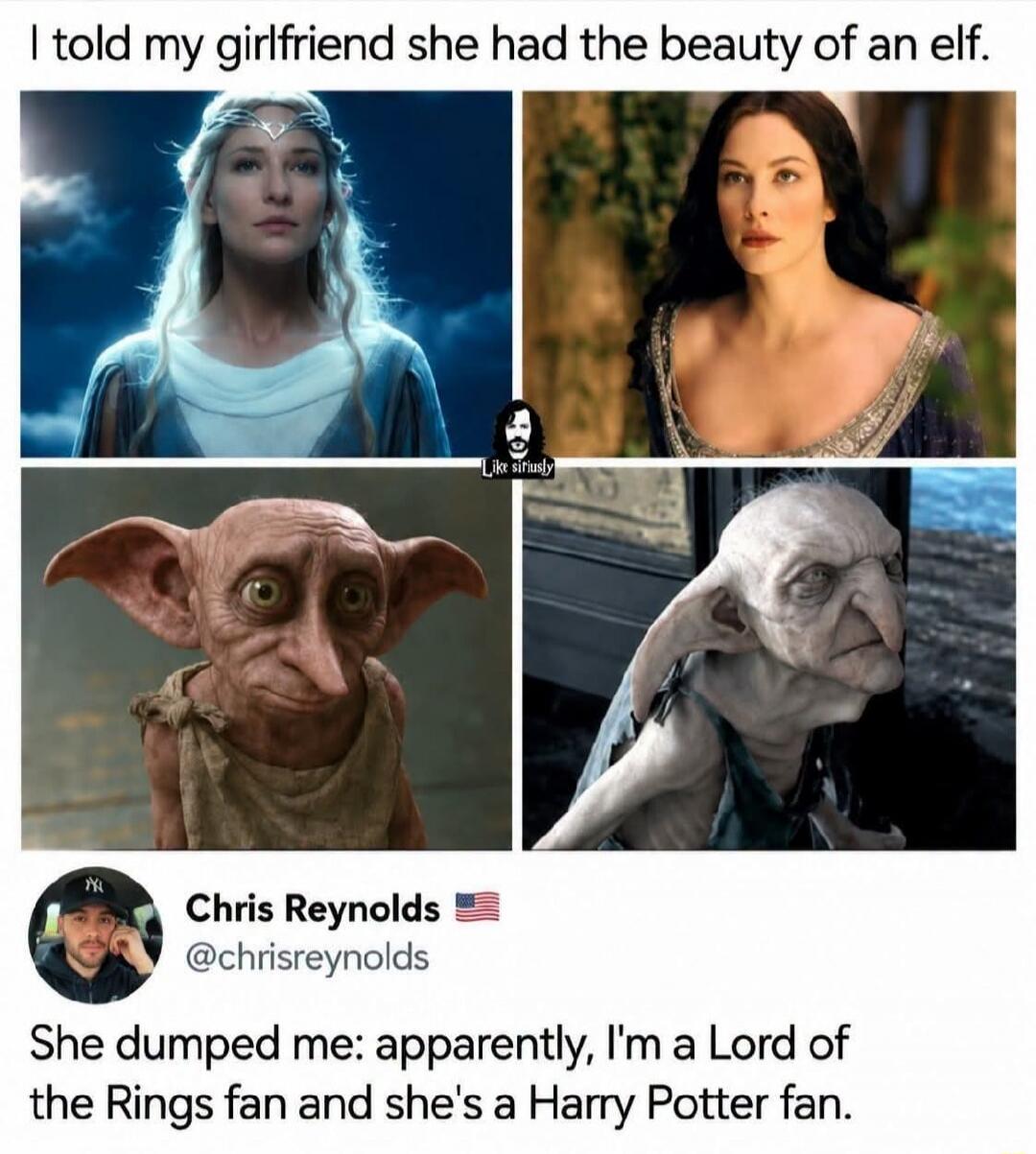 I told my girlfriend she had the beauty of an elf. Like siriusly. Chris Reynolds @chrisreynolds. She dumped me: apparently, I'm a Lord of the Rings fan and she's a Harry Potter fan.