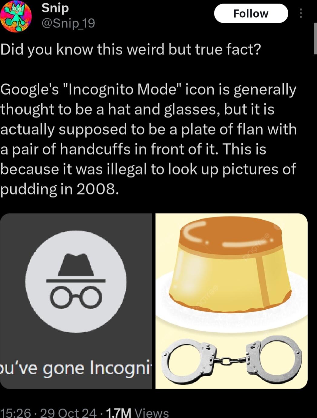 Did you know this weird but true fact Googles Incognito Mode icon is generally QTG CL R ETEL T FEEEEEEN N 4 actually supposed to be a plate of flan with a pair of handcuffs in front of it This is because it was illegal to look up pictures of pudding in 2008 17M Views