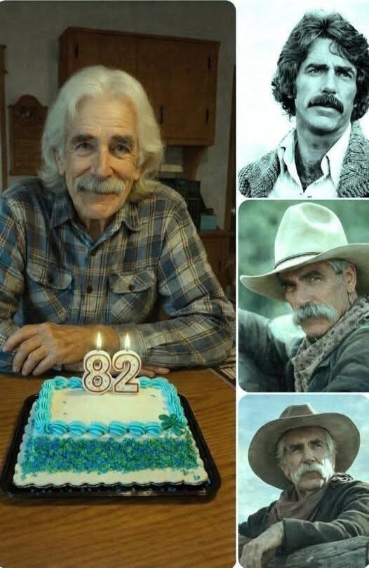 A man celebrating his 82nd birthday with a cake, featuring candles shaped as '82'. The image also includes a collage of photos of actor Sam Elliott, suggesting a resemblance or tribute.