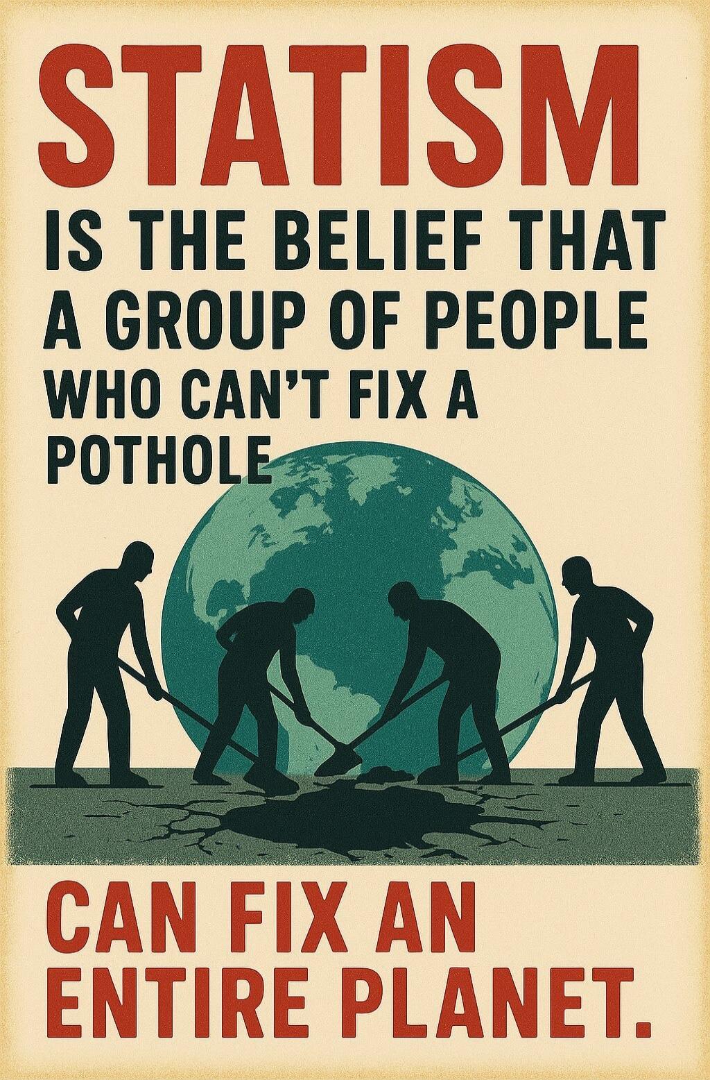 STATISM IS THE BELIEF THAT A GROUP OF PEOPLE WHO CAN'T FIX A POTHOLE CAN FIX AN ENTIRE PLANET.
