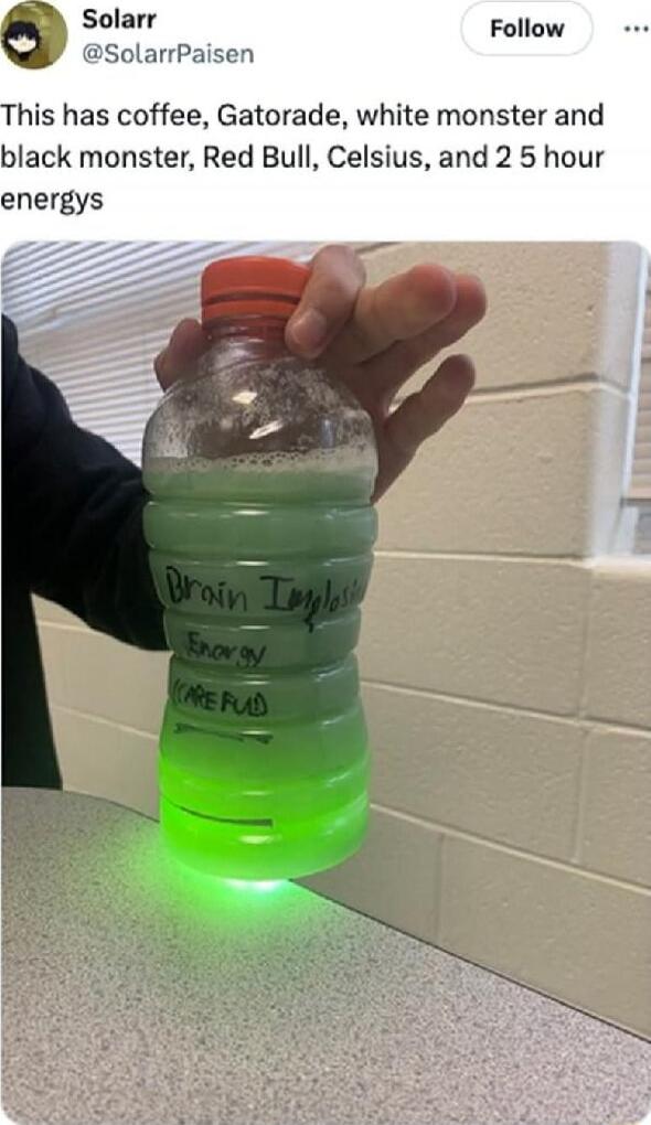 This has coffee, Gatorade, white monster and black monster, Red Bull, Celsius, and 25 hour energys