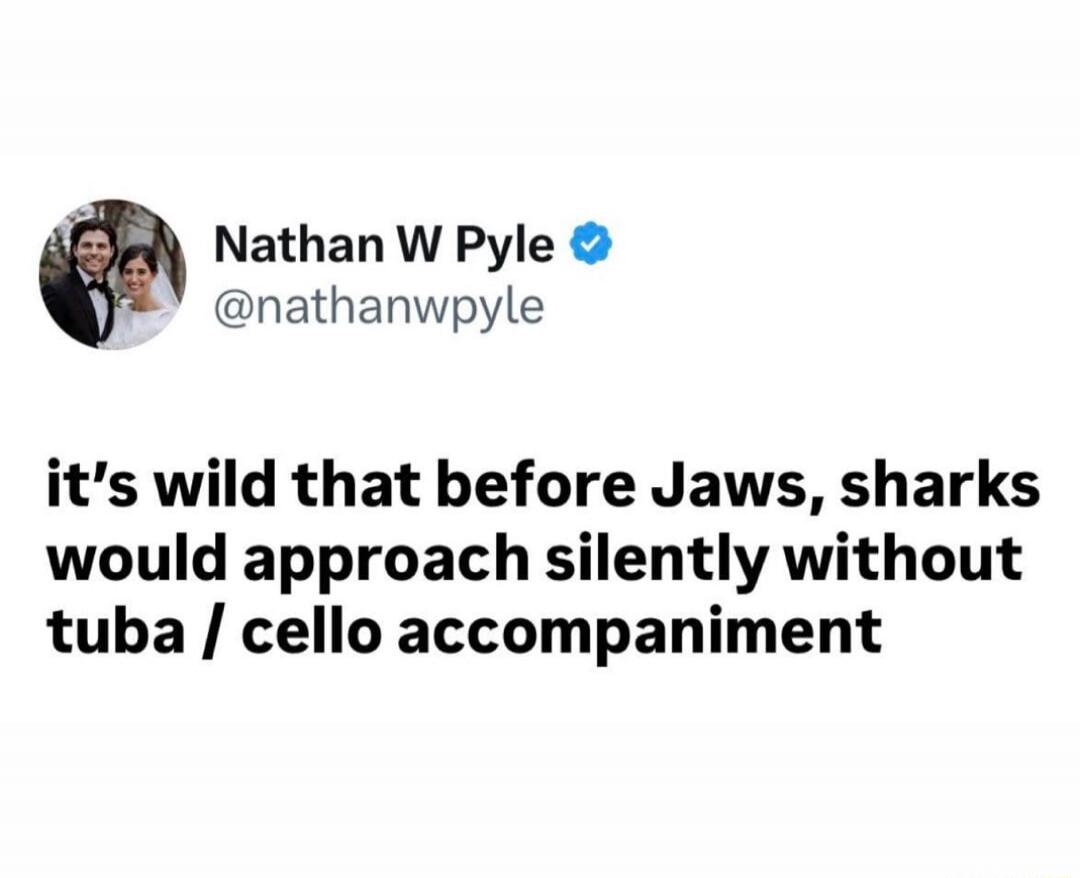 Nathan W Pyle @nathanwpyle it's wild that before Jaws, sharks would approach silently without tuba / cello accompaniment