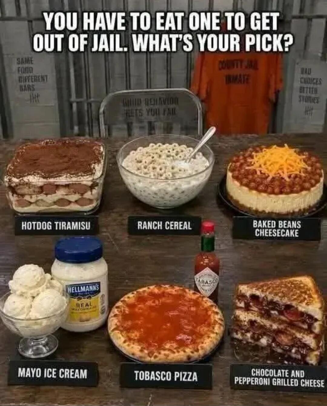 YOU HAVE TO EAT ONE TO GET OUT OF JAIL. WHAT'S YOUR PICK? SAME FOOD DIFFERENT BARS GOOD BEHAVIOR GETS YOU FAIL COUNTY JAIL INMATE BAD CHOICES BETTER STORIES HOTDOG TIRAMISU RANCH CEREAL BAKED BEANS CHEESECAKE MAYO ICE CREAM TOBASCO PIZZA CHOCOLATE AND PEPPERONI GRILLED CHEESE