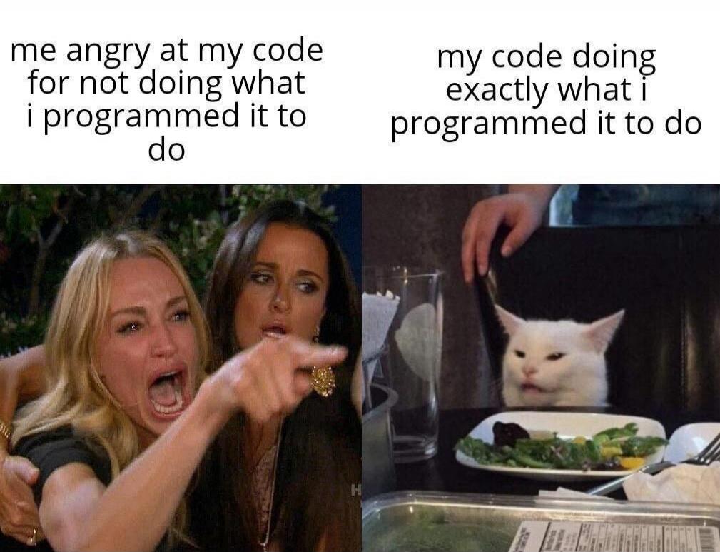 me angry at my code for not doing what i programmed it to do my code doing exactly what i programmed it to do