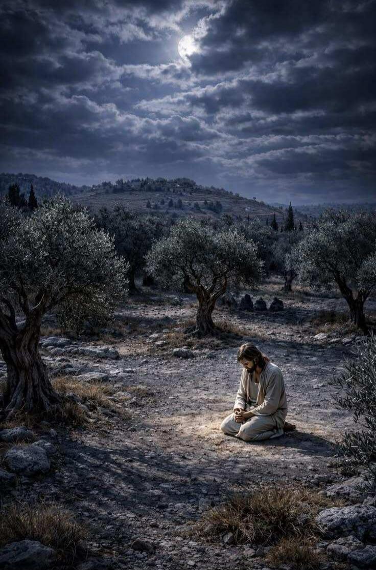 A man is kneeling in prayer in an olive grove at night under a cloudy, moonlit sky.