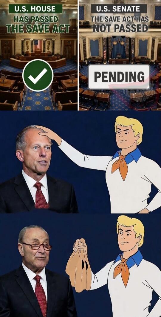U.S. HOUSE HAS PASSED THE SAVE ACT. U.S. SENATE THE SAVE ACT HAS NOT PASSED. PENDING. A Scooby-Doo meme depicts Fred unmasking a politician, implying political obstruction regarding the SAVE Act.