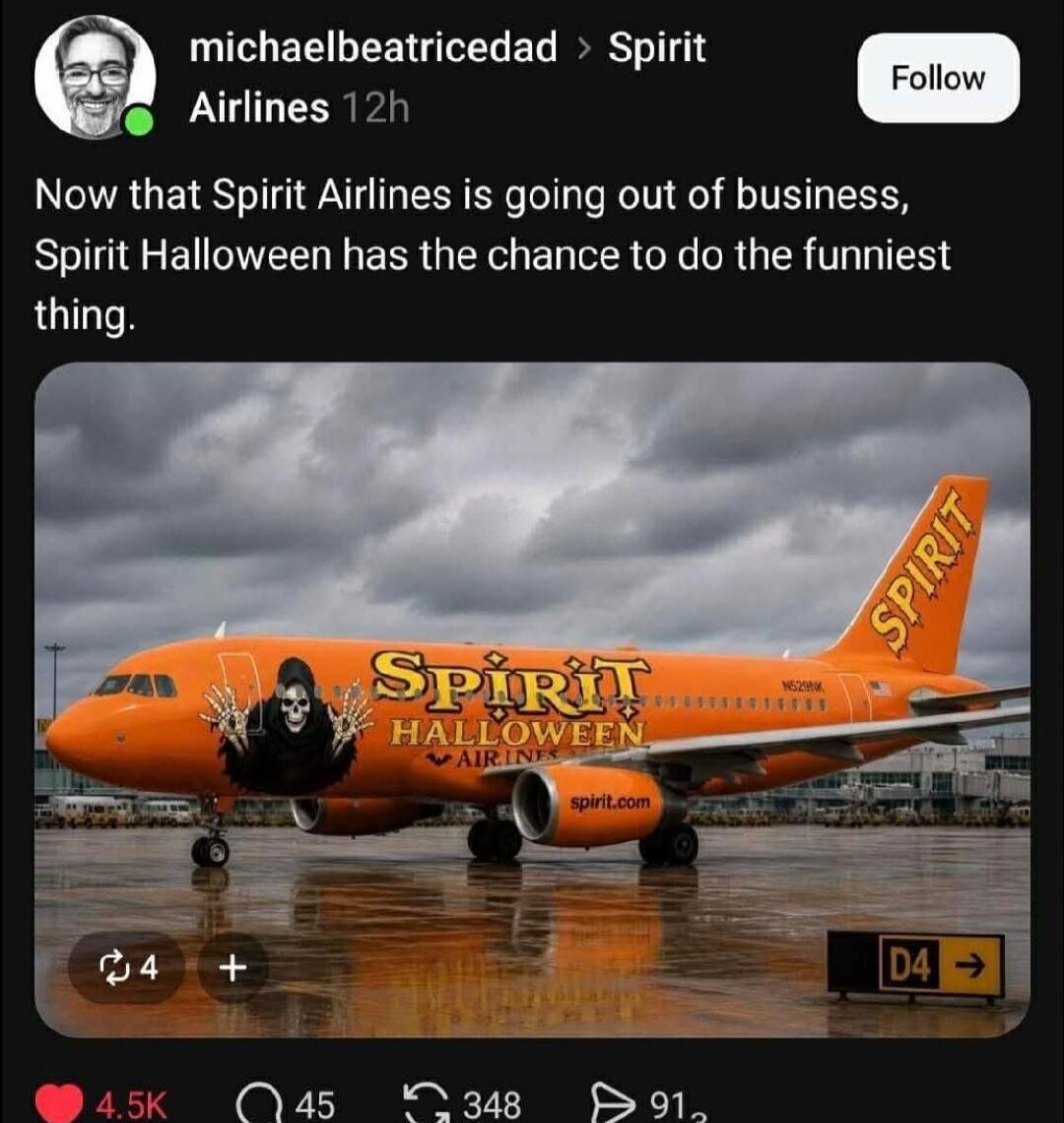 Now that Spirit Airlines is going out of business, Spirit Halloween has the chance to do the funniest thing. Spirit Halloween Airlines spirit.com