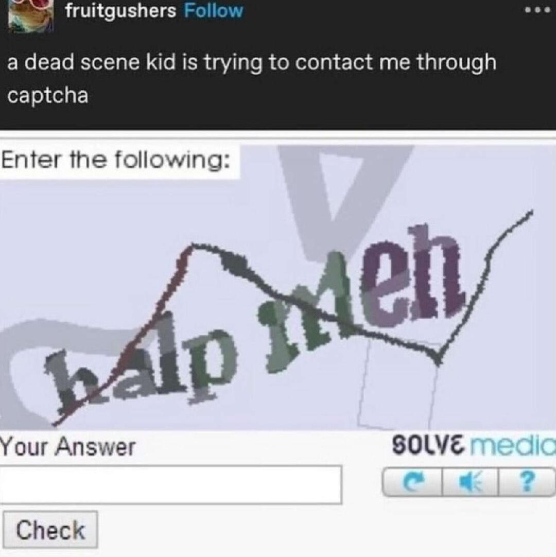 Wy fruitgushers Follow a dead scene kid is trying to contact me through captcha Enter the following P Your Answer soLve Check