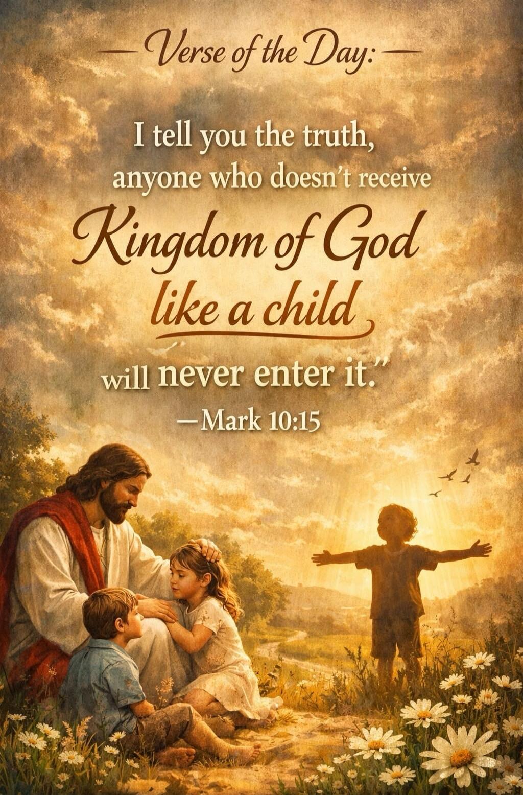Verse of the Day: I tell you the truth, anyone who doesn't receive Kingdom of God like a child will never enter it.