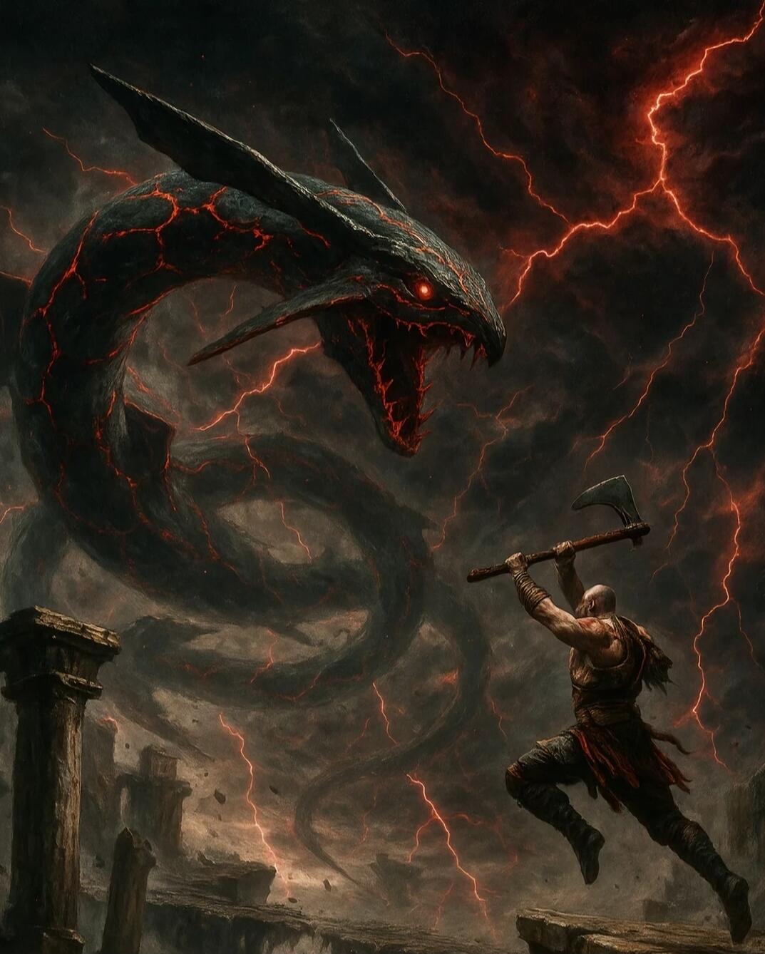 A colossal dragon with red glowing eyes charges toward a muscular warrior who raises an axe to strike, amid dark stormy skies and red lightning.