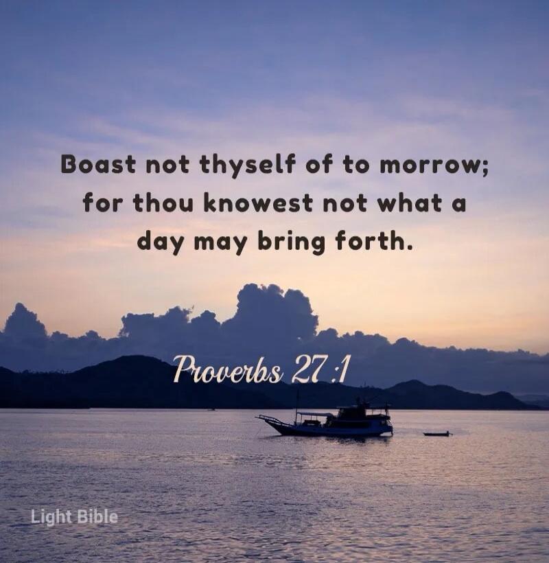 Boast not thyself of tomorrow; for thou knowest not what a day may bring forth.
Proverbs 27:1