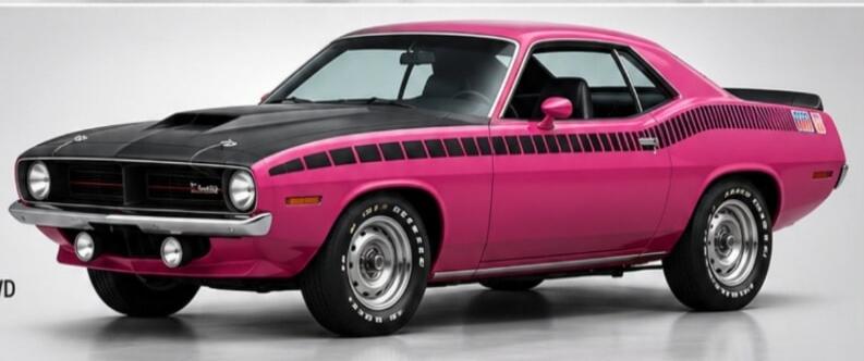 A vibrant pink 1970 Plymouth Barracuda 'Cuda muscle car with a black hood and black side stripes. Text visible includes 