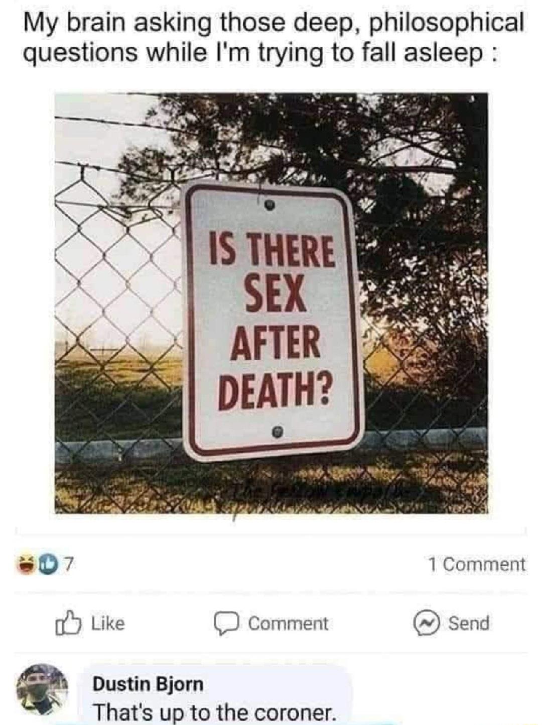 My brain asking those deep philosophical questions while Im trying to fall asleep 15 THERE SEX AFTER DEATH 07 1 Comment o Like D comment send Thats up to the coroner