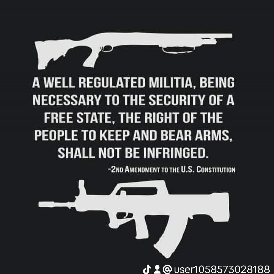 A WELL REGULATED MILITIA, BEING NECESSARY TO THE SECURITY OF A FREE STATE, THE RIGHT OF THE PEOPLE TO KEEP AND BEAR ARMS, SHALL NOT BE INFRINGED. -2ND AMENDMENT TO THE U.S. CONSTITUTION