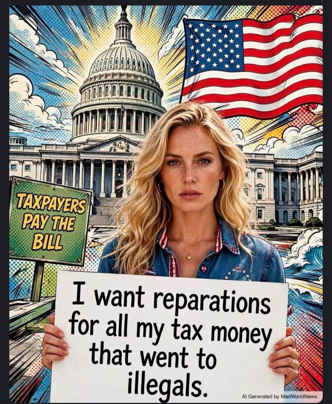 TAXPAYERS PAY THE BILL. I want reparations for all my tax money that went to illegals. AI Generated by MadWorldNews.
