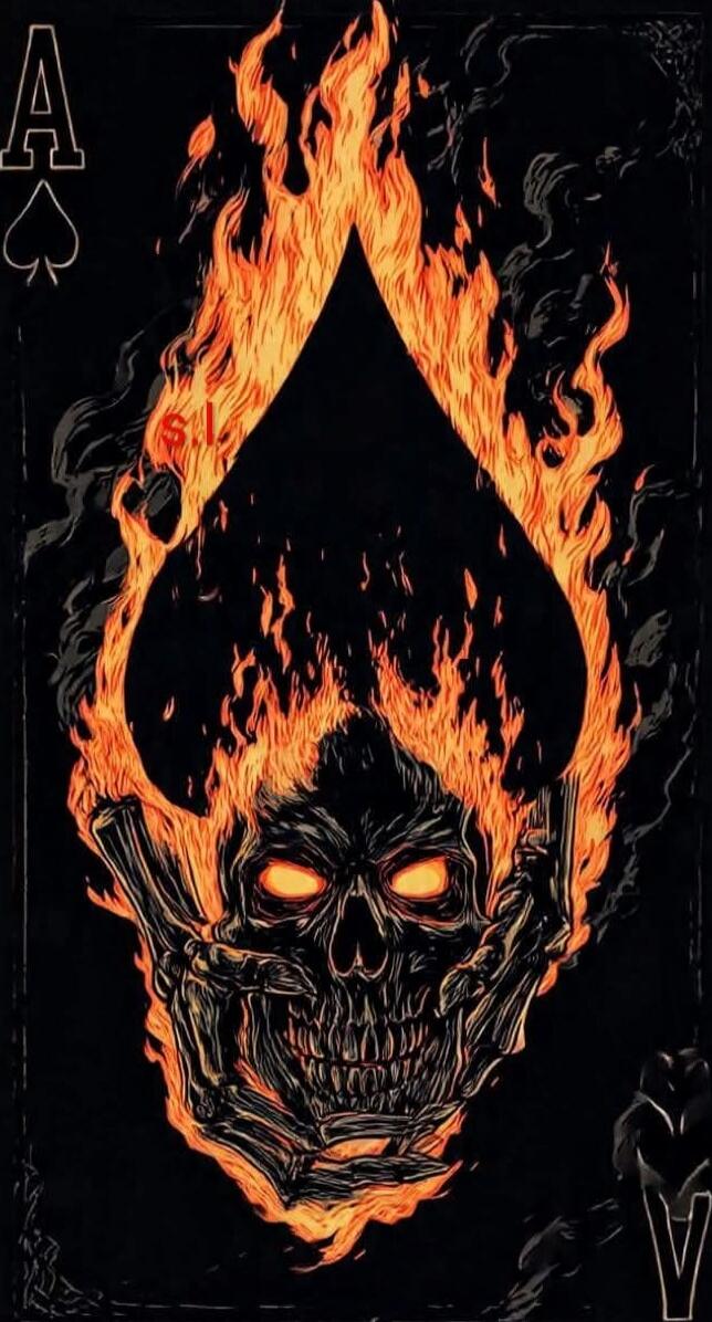 Ace of Spades card featuring a flaming skull illustration (flames forming the spade shape).