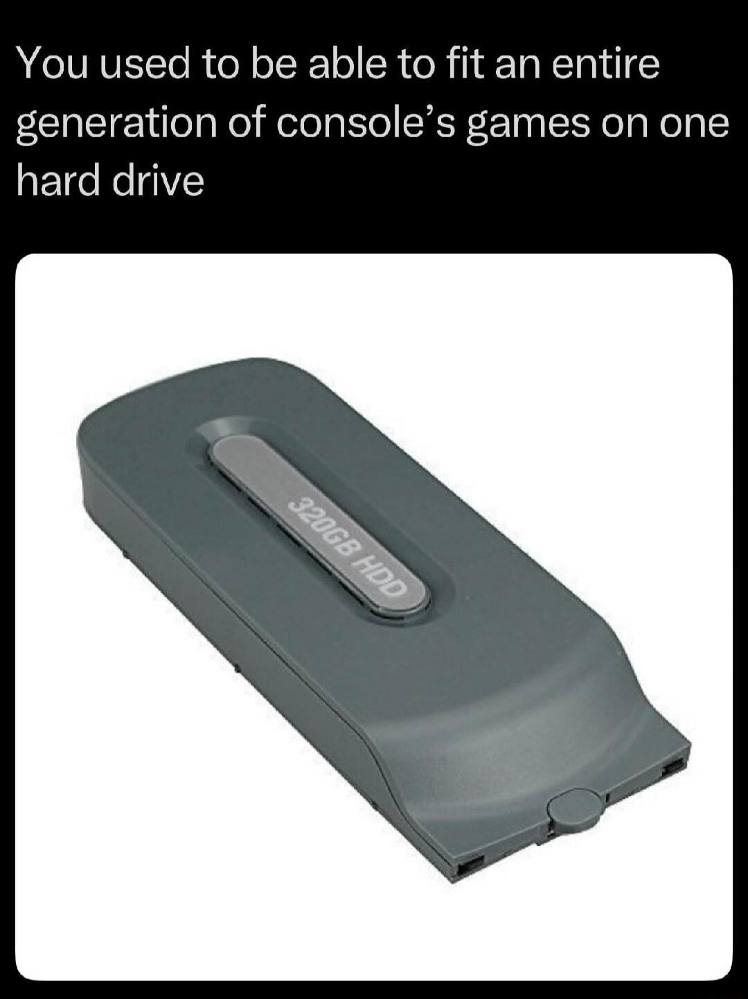 You used to be able to fit an entire generation of console's games on one hard drive. 320GB HDD