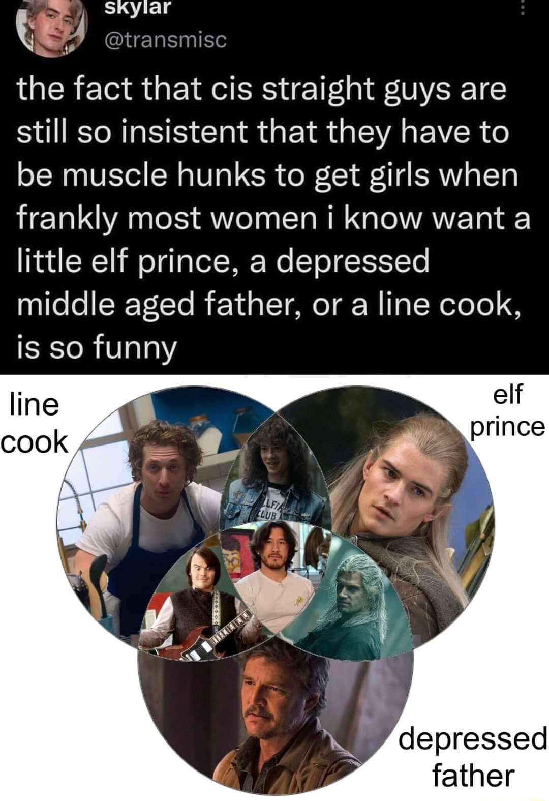 Kylar the fact that cis straight guys are still so insistent that they have to be muscle hunks to get girls when frankly most women i know want a little elf prince a depressed middle aged father or a line cook is so funny elf prince 88 depressed