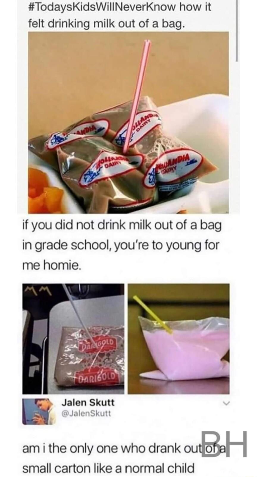 TodaysKidsWillNeverKnow how it felt drinking milk out of a bag in grade school youre to young for me homie Jalen Skutt 3 JalenSkutt am i the only one who drank oulBaI I small carton like a normal child